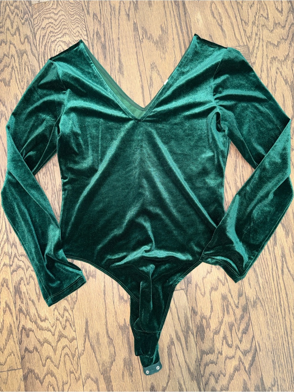 Green Velvet Long-Sleeve V-Neck Bodysuit